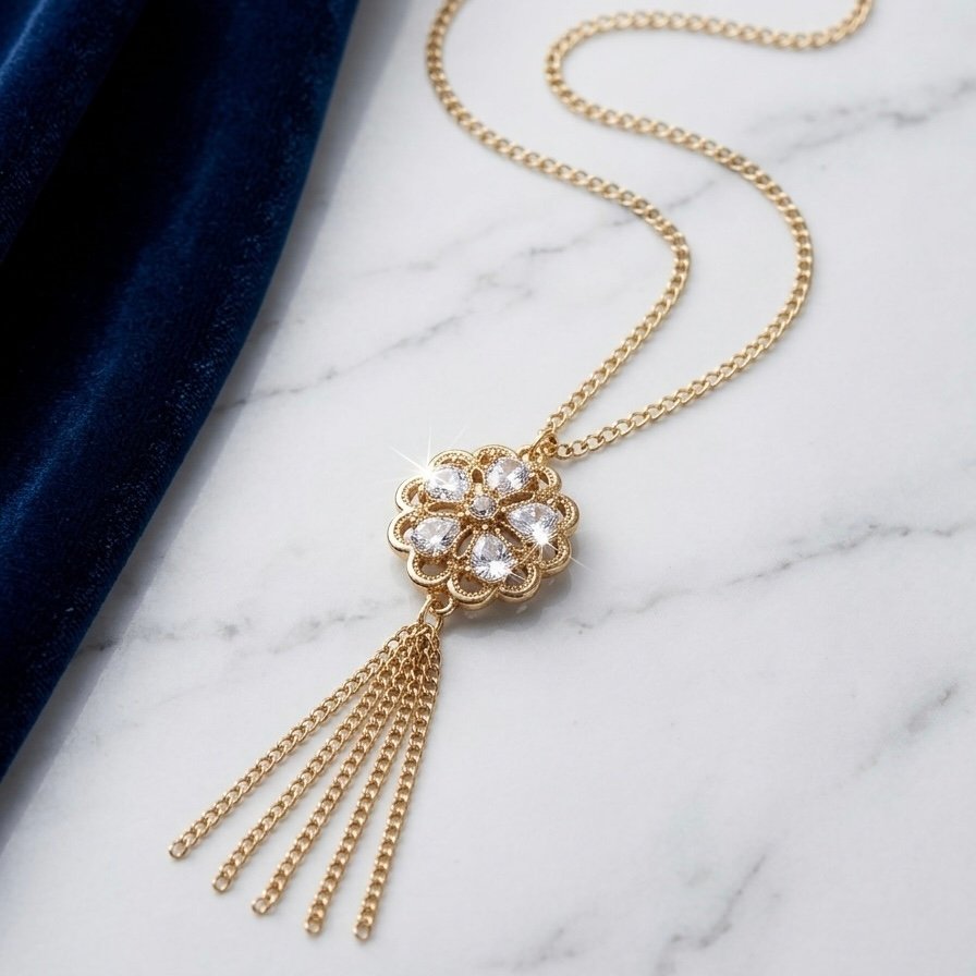 Кулон Золотой цветок с кристаллами и кисточкой ✨